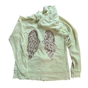 Victorias Secret Neon Yellow Zip Hoodie Sequin Angel Wing Embellisment sz L rare